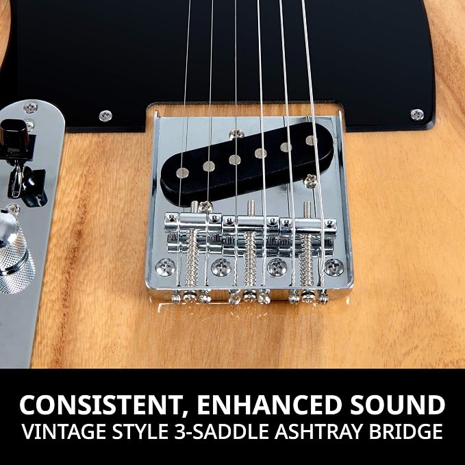 LyxPro 39” Electric Guitar Left Hand TL Series, Full-Size Paulownia Wood Body, 3-Ply Pickguard, C-Shape Neck, Ashtray Bridge, Quality Gear Tuners, 3-Way Switch & Volume/Tone Controls, 2 Picks, Natural