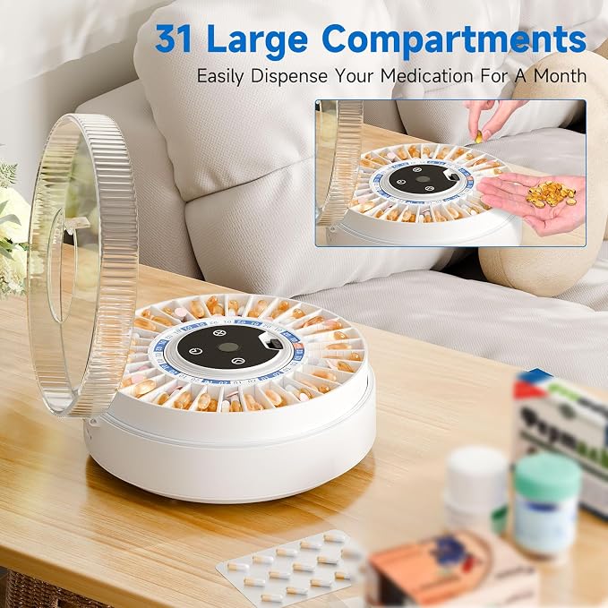 Zoksi Premium 31-Slot Automatic Pill Dispenser with Fingerprint & Key Lock, Smart Medication Organizer with Alarm & Light, Electronic Pill Organizer for Elderly & Forgetfulness