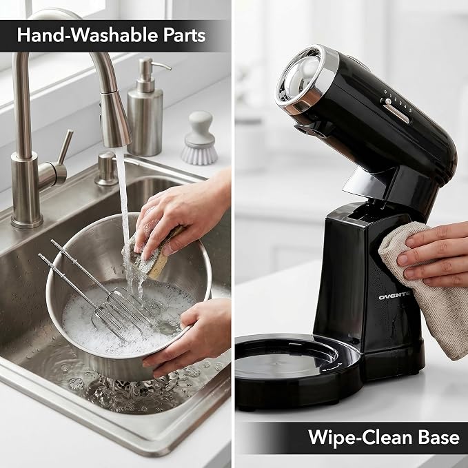 OVENTE Electric Stand Mixer with 3.5 Quarts Stainless Steel Mixing Bowl, 5 Speed Portable and Lightweight 250W Kitchen Mixer for Everyday Use, Includes 2 Egg Beater Whisk and Dough Hook Black SM680B