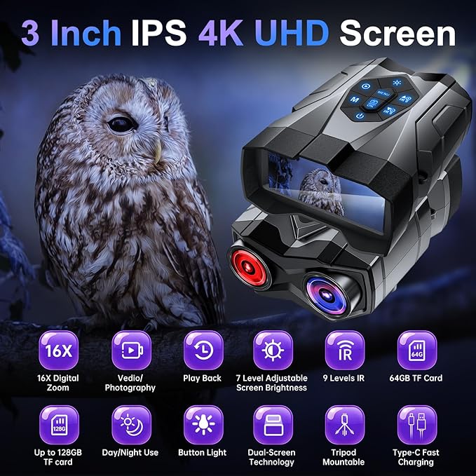 Night Vision Goggles, 4K Night Vision Binoculars for Adults with 5000mAh Battery, Upgraded 16X Zoom 9X Infrared Binoculars with 64GB Card for Photo & Video,Ideal for Camping Wildlife Observation