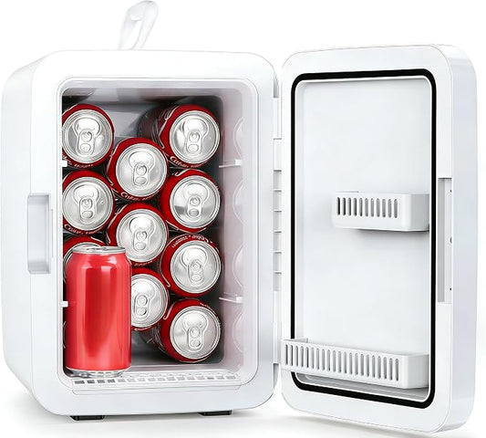 Electactic 10L Mini Fridge, Portable Compact Refrigerator, 2.6 Gal Skincare Cooler with AC/DC Adapter, Quiet Small Personal Fridge for Beverage, Food, Makeup, Bedroom, Office, White
