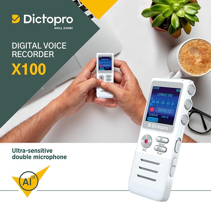 Voice Activated Digital Recorder - Ultra Sensitive Dual Mics, 8GB, 700H Storage, Noise Reduction Dictophone, Portable Audio Recording for Lectures, Meetings, Interviews, Work, Doctors - Dictopro X100