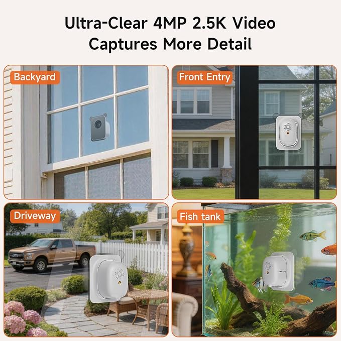 4MP 2.5K Wireless Window Camera, Rechargeable Indoor HD Home Security Camera, 2.4GHz WiFi, Full Color Night Vision, AI Motion Detection, Anti-Glare, No Wiring, Static Cling Mount No Residue