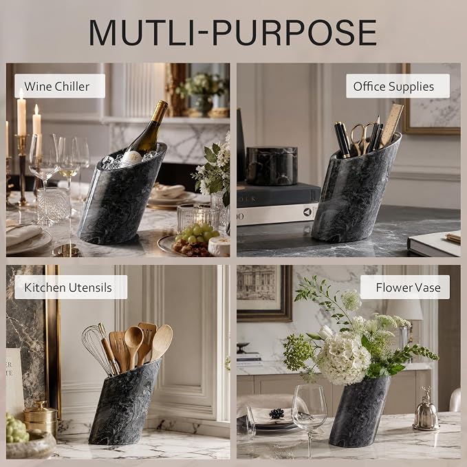 Marble Wine Bottle Chiller - Portable Tabletop Champagne Bucket Cooler for Cocktail Party Dinner Oblique-Monte Grigio