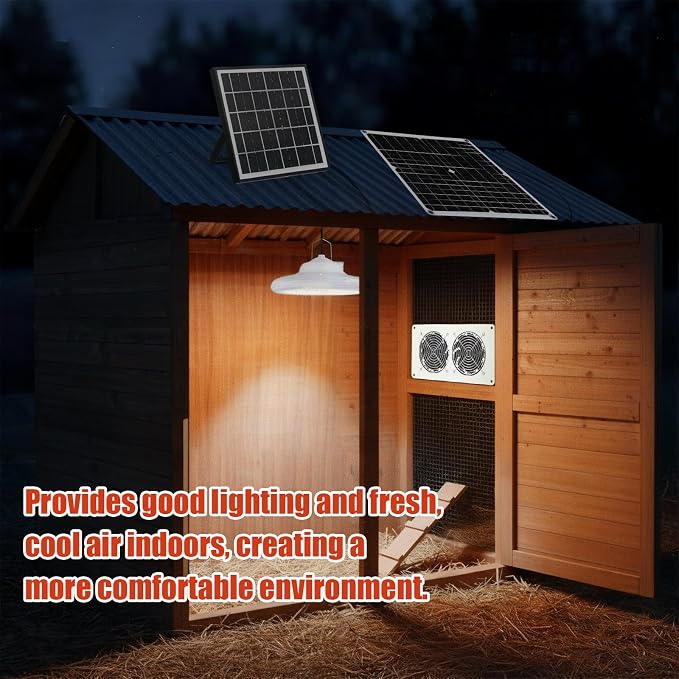 2 Set Solar Fan for Chicken Coop with Shed Light, 25W Panel Dual Exhaust Vent Kit, Waterproof 12V Solar Powered Ventilation System with Timer for Greenhouse, Pet House
