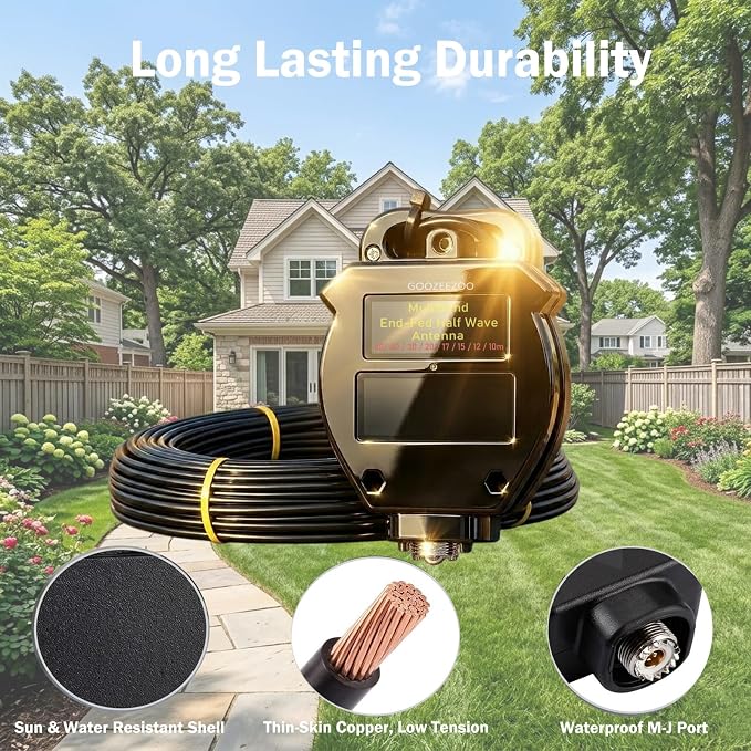 JYR8010-1000W End Fed Half Wave Antenna for Ham Radio, 1000W Shortwave Radio Antenna, 8 Band 10m 12m 15m 17m 20m 30m 40m 80m Long Wire Antenna, 1:64 Balun No Tuning Great for POTA/SOTA