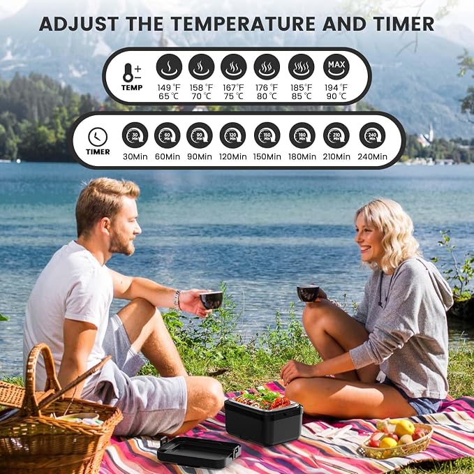 Electric Lunch Box - Rechargeable 75W Self-Heating Food Warmer with 6.3 Cups(1.5L) Stainless Steel Container, Heated Lunch Box For Office, Picnic, Car & Outdoor Use(Black)
