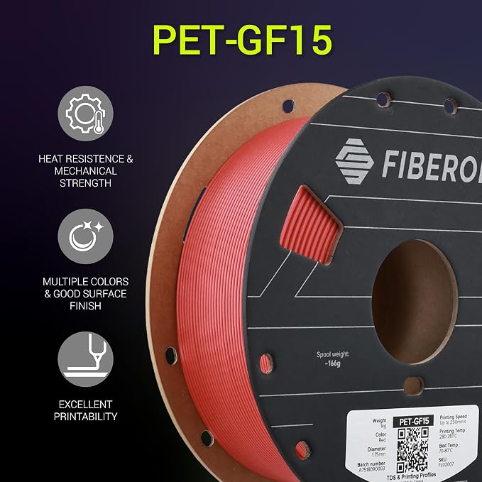 Polymaker Fiberon Red PET-GF15 3D Printer Filament 1.75mm 1KG, 15% Glass Fiber Reinforced, High Strength & Heat Resistance, Ideal for Automotive, Industrial & Functional Parts, AMS Compatible