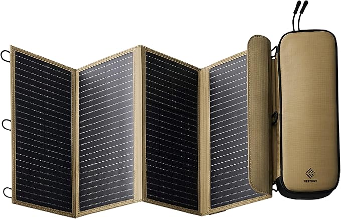 NESTOUT Portable Solar Panel, USB-C and USB-A Ports, 28W Solar Charger for Camping, Water Repellent Ripstop Nylon, Foldable Compact Design, Digital Ammeter, Adjustable Stand, Beige (4 Panel)