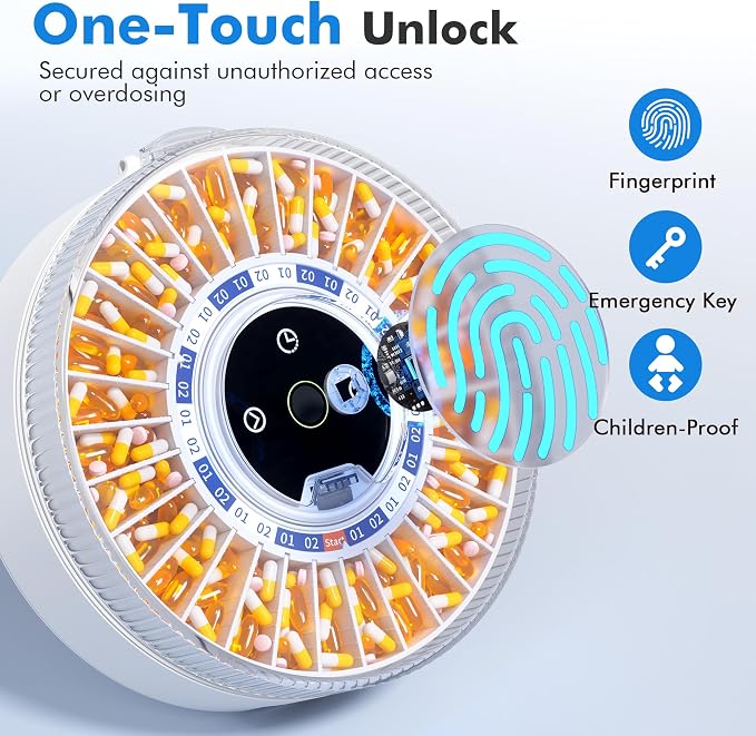 Windtrace® Bluetooth Automatic Pill Dispenser for Elderly with Alarm, Smart Pill Dispenser with 31-Slot, Fingerprint& Mechanical Dual Lock Medication Dispenser, Timed Dispenser Machine for Elderly