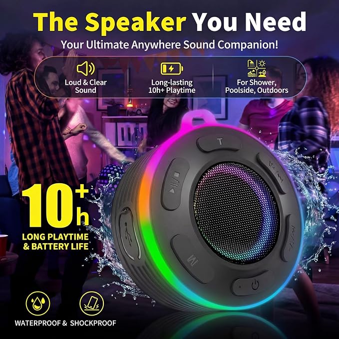 JK&EROSSTARS Portable Bluetooth Shower Speaker–Waterproof,Stereo,LED Light | Over 10H Playtime,Built-in Micro,Suction Cup&Hook,for Outdoor,Kitchen,Kayak,Beach,Camping,Gifts for Unisex