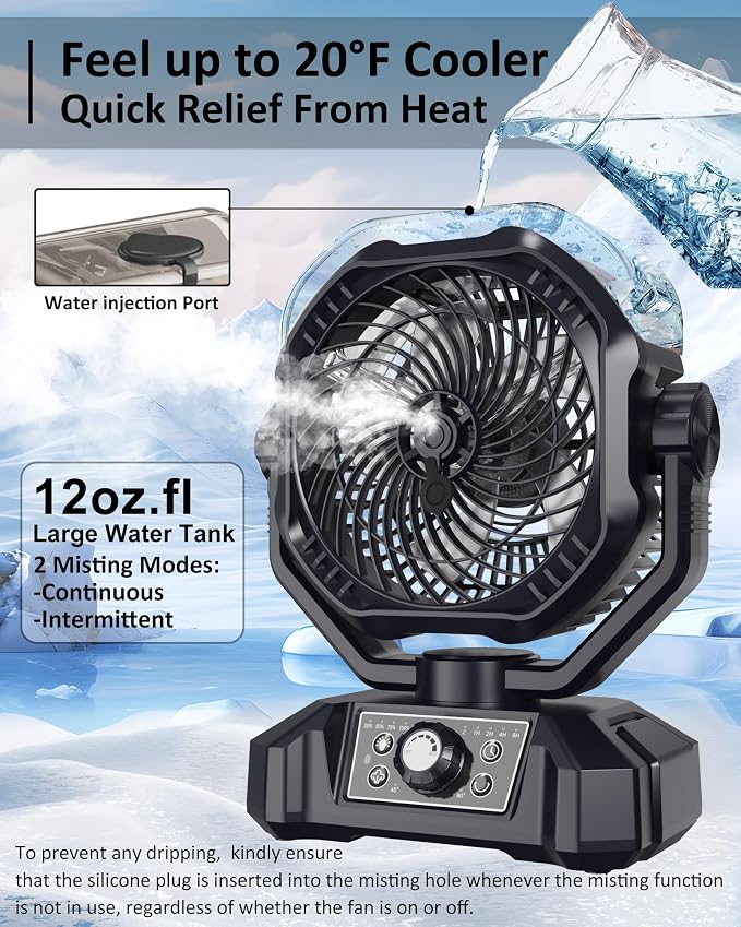 Portable Rechargeable Misting Fan with 12oz Water Tank, Auto Oscillating, Remote, Timer, Light, 8 Speeds, 9-Inch, 20000mAh 120H Battery Powered Mist Fan for Camping, Travel, Worksite, Poweroutage