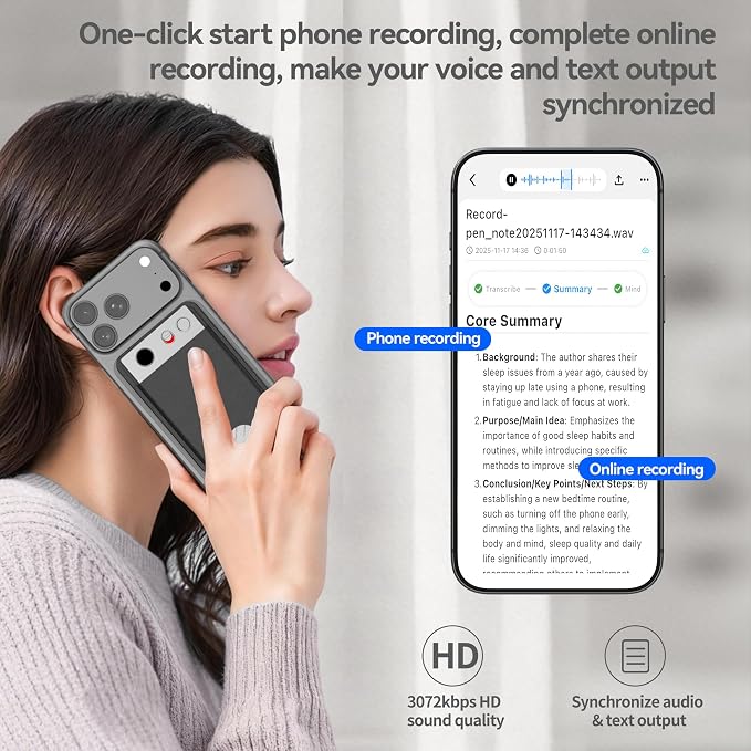 Ultra-Thin AI Voice Recorder with APP Control Support Unlimited Transcribe & Summarize, AI Note Taker with DSP Noise Cancellation,AI Recording Device for Meetings, Interviews, Lectures, Calls, Grey