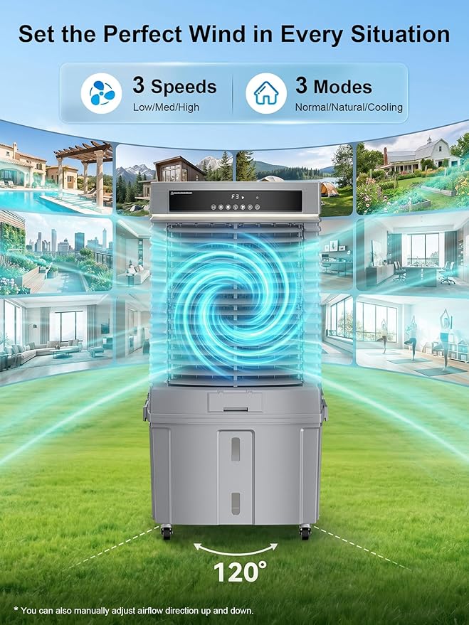 Uthfy 4000CFM Swamp Cooler for Large Room, 41” Evaporative Air Cooler with 13.5Gal Detachable Water Tank, 12H Timer, Ambient Light, 120° Oscillation, Indoor & Outdoor Air Conditioner for Patio, Garage