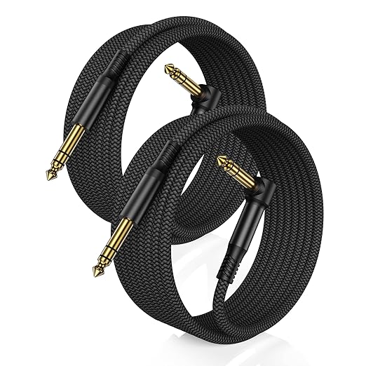 RUXELY 6.35mm TRS Instrument Cable 10FT 2Pack,Right Angle 90Degree 1/4 Inch Male Jack Stereo Audio Cord,6.35 Balanced Line Lead for Electric Guitar,Bass,Keyboard,Mixer,Amplifier/AMP,Speaker,Equalizer