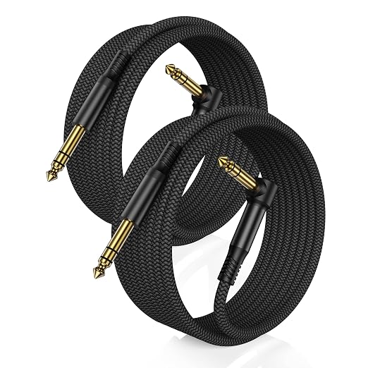 RUXELY 6.35mm TRS Instrument Cable 20FT 2Pack,Right Angle 90Degree 1/4 Inch Male Jack Stereo Audio Cord,6.35 Balanced Line Lead for Electric Guitar,Bass,Keyboard,Mixer,Amplifier/AMP,Speaker,Equalizer
