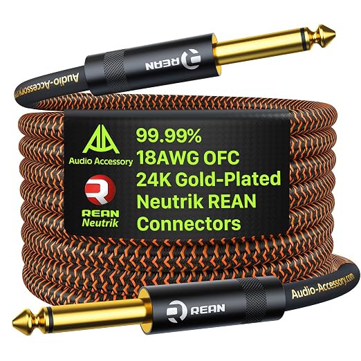 AA AUDIO ACCESSORY Pro Series Guitar Cable 10 ft, Gold-Plated Neutrik REAN Connector, 18 AWG 99.99% OFC, Low Capacitance Straight to Straight 1/4 Inch Instrument Cable for Fender Ernie Ball Mogami