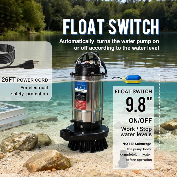 1.0HP Submersible Sump Pump Automatic Water Pump w/High Flow 4200 GPH 28ft Max Head, Irrigation, Swimming Pool, Garden Pond, Basement, Wells, 26ft Power Cord Stainless Steel(1HP/28FT)