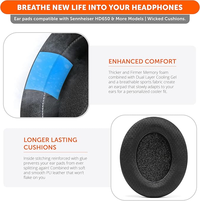 WC Freeze HD6XX - Cooling Gel Earpads for Sennheiser HD6XX, HD58X, HD600, HD650, HD660S, HD660S2, HD580, HD565 & More, Made by Wicked Cushions | Extra Comfortable and Cool | Black