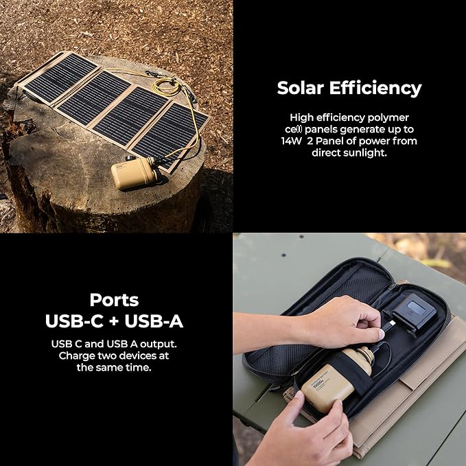 NESTOUT Portable Solar Panel, USB-C and USB-A Ports, 28W Solar Charger for Camping, Water Repellent Ripstop Nylon, Foldable Compact Design, Digital Ammeter, Adjustable Stand, Beige (4 Panel)