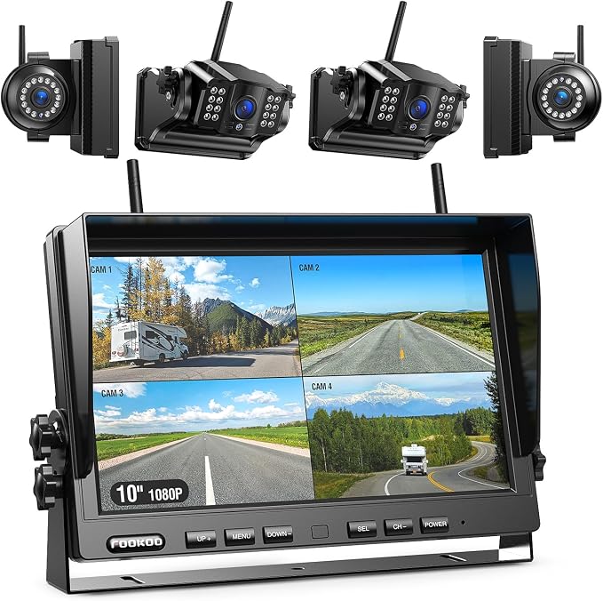 Fookoo 1080P 10" Magnetic Wireless Backup Camera 10" HD Split Screen Monitor,Rechargeable 2 Side View 2 Rear View Cameras,Low Consumption 1-Min DIY Install No Drilling for RV Trailer Truck DCX104