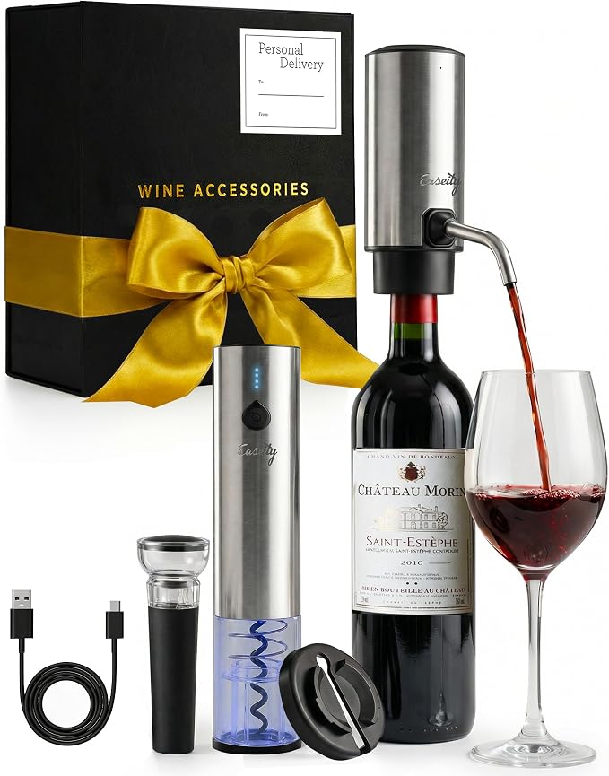 Electric Wine Opener Gift Set — Rechargeable All-in-One Wine Accessories Kit with Automatic Bottle Opener, Foil Cutter, Vacuum Stopper, Aerator & Dispenser — Best Wine Lover Gifts for Women & Men