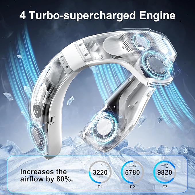 Neck Air Conditioner Fans That Blow Cold Air, 6000 mAh Battery Operated Wearable Cooling Device Fan, Bladeless, Rechargeable Fan, White