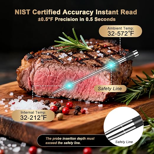 Wireless Meat Thermometer Digital - 800FT Bluetooth Food Thermometer for Cooking, NIST Certified Accuracy, Standalone Base Dual Probes for Grill BBQ Oven Smoker