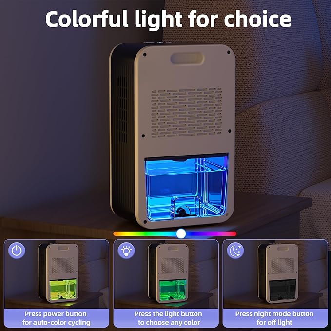 Dehumidifier, 55OZ Dehumidifiers for Home, Quiet with Auto Shut Off, Humidity Display Dehumidifier for Bedroom/Bathroom, Timer, Drain Hose, 7-color LED light, Moisture Absorbers (White)