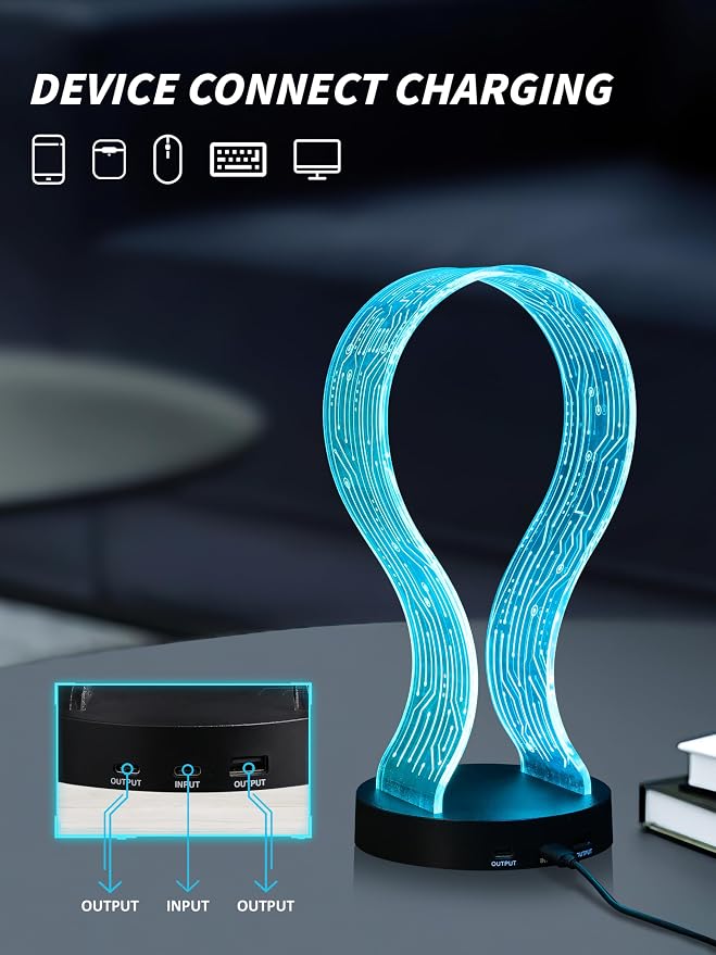 YuanDian RGB Headphone Stand, 16 Colors LED Lighting with Remote Control, Base with USB & Type-C Charging Port, Dimmable & Timer, Gaming Accessories Gift forGamers Men Boy & Music Lovers