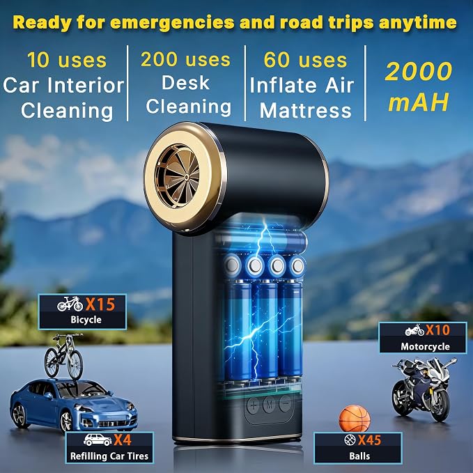 Car Tire Inflator- Vacuum Cleaner- Air Compressor 3-in-1 150PSI Air Pump Cordless Rechargeable USB Portable Battery Operated Inflatables for Car, Motorcycle, Bike, Balls