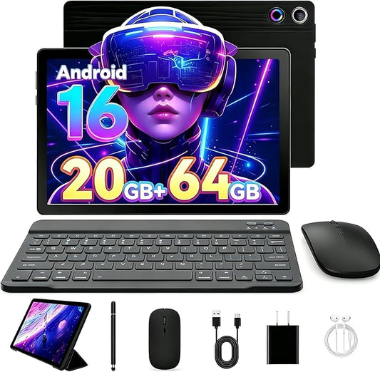 Latest 2026 Upgraded Android 16 Tablet 10.1 Inch with IPS HD Touch Screen, Dual Camera, 64GB Storage 1TB Expansion, 8 in 1 Tablets Kit with Keyboard, Protective Case, Mouse, Stylus, BT 5.4, WiFi 6