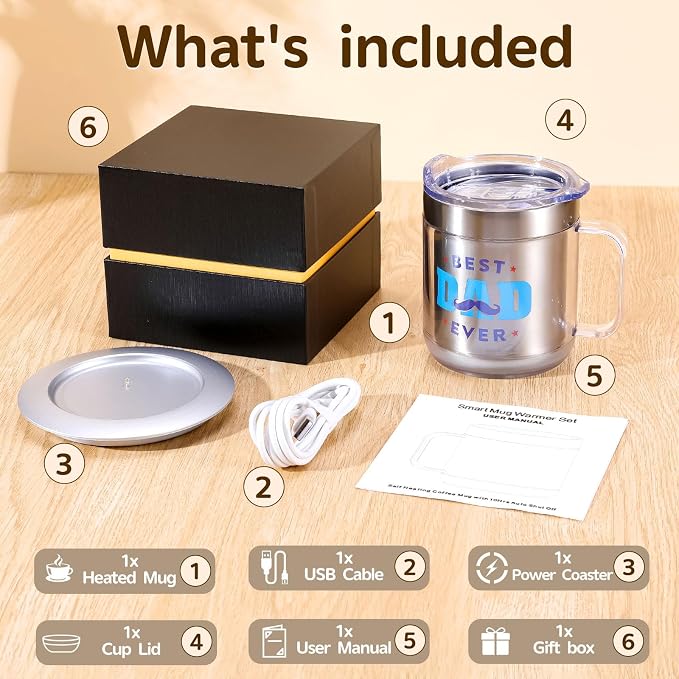 Birthday Gifts for Dad, 12oz Funny Heated Coffee Mug for Dad with BEST DAD EVER, Electric Coffee Cup with Warmer Set, Ideal Valentines Father Day Gifts from Wife Daughter Son(Silver DAD-12oz)
