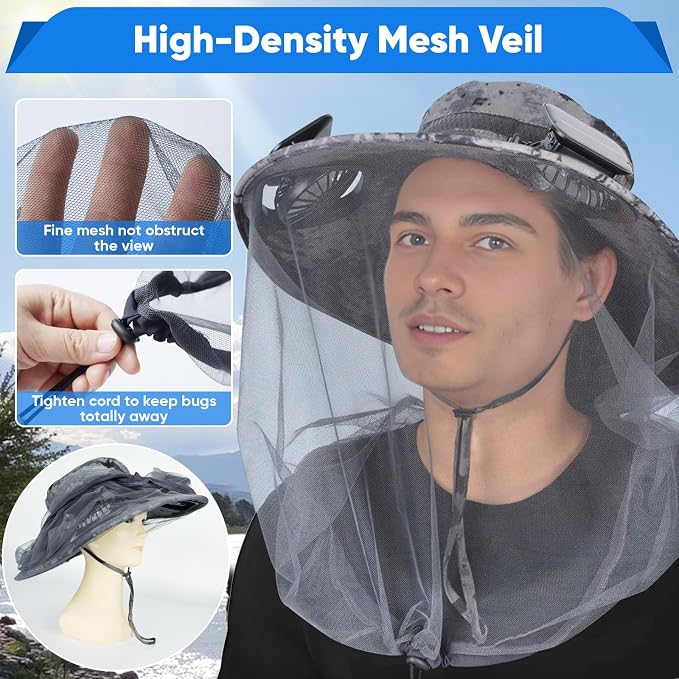 Wide Brim Sun Hat with Solar Fan, Solar Powered Fan Hat with Mosquito Head Net, Men & Women Cooling Cap for Outdoor