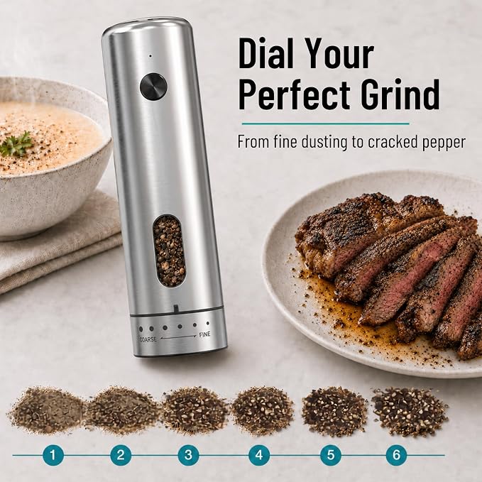 Rechargeable Electric Salt and Pepper Grinder Set of 2 with Charging Base, Automatic One-Hand Pepper Mill, Top-Fill 3.7 oz, 6 Coarseness Levels, Stainless Steel, USB-C with LED