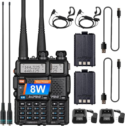 2 Pack BAOFENG UV-5R 8 Watt Ham Radio Handheld Long Range Two Way Radio with USB Charging & Long Antenna,Dual Band Ham Radio Baofeng Walkie Talkie