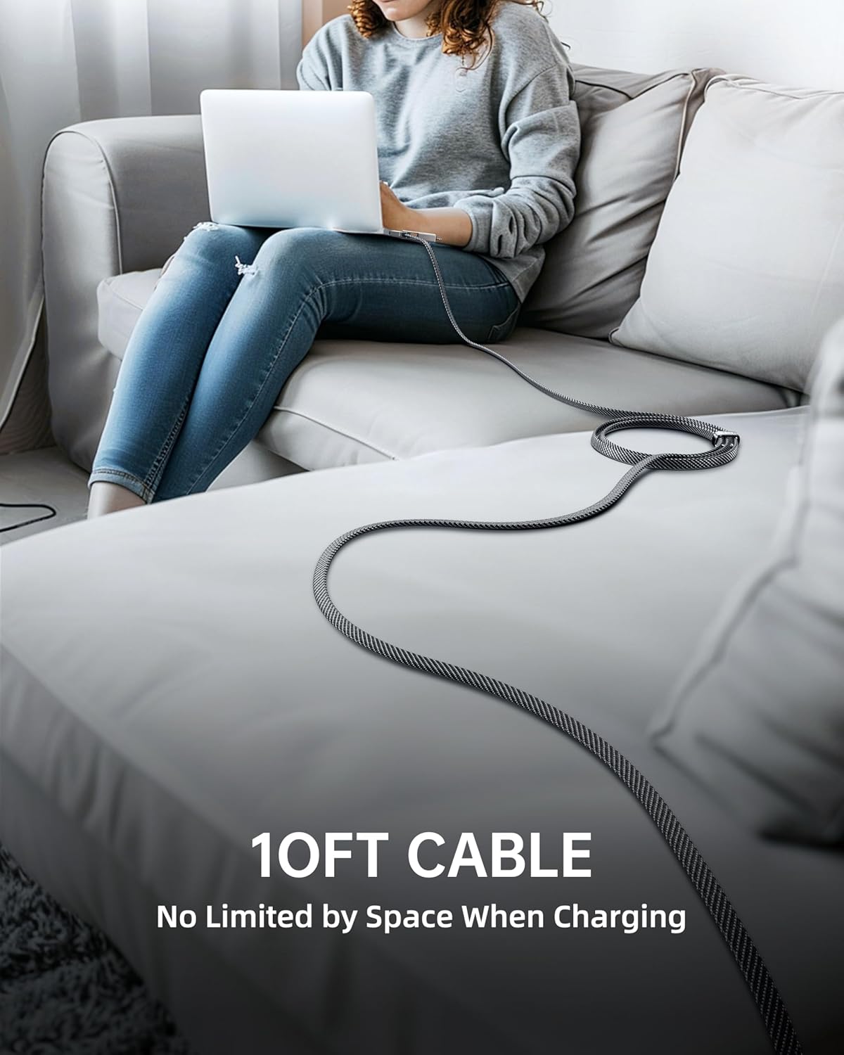 SHEZI [Upgraded 2.0] 4-in-1 Long USB C Cable 60W 10FT Fast Charging [480Mbps Data Transfer] Flat Braided Multi Charger Cord Wire Combo with L/USB C/A Port for iPhone/iPad & All Devices, Grey