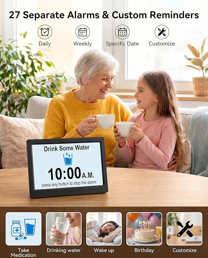 11.5 Inch Extra Large Digital Clock with 27 Alarms, Loud Talking Time, 20 Custom Reminders, Auto DST, 10-Level Auto Dimmer, Day Date Calendar Clock for Seniors Dementia Alzheimers', with Remote