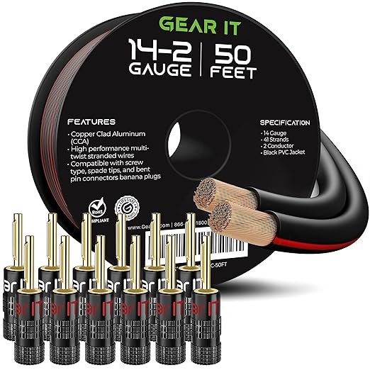 GEARit 14 Gauge Speaker Wire with Banana Plugs,50 ft Speaker Cable with Foot Markers & Polarity Markings,14 Gauge Wire for Car Audio & Home Theater,Audio Cable for DIY Installations,CCA(Black,6 Pairs)
