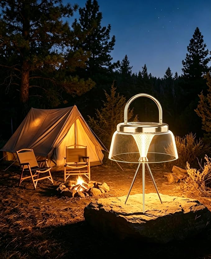 Solar Camping Lantern, 360°COB LED Camping Light Rechargeable with Solar&Type-C, IP65 Waterproof Tent Lights with Hook&Tripod Base, Bright Outdoor Hanging Lamp for Fishing, Power Outage(Gold)