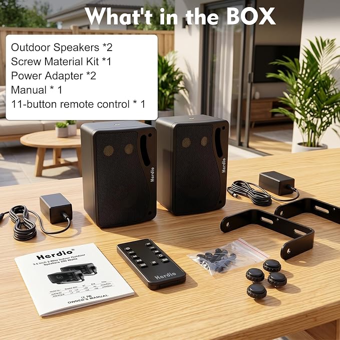 Herdio 3.5" 200W Outdoor Bluetooth Speakers, IP44 Waterproof Rating and Be Able to Wireless Multi-Connection Up to 20 Units for Patio/Porch/Balcony (Black, 2-Pack)