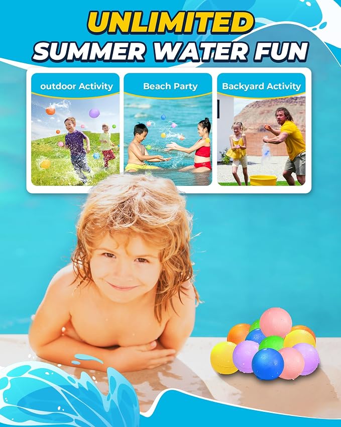 Reusable Water Balloons - 20PCS Quick Fill Water Balls Toys For Toddler Age 4-8 - Refillable Self-Sealing Water Splash Bomb For Summer Party Pool Outdoor Beach Toys for kids Age 8-12