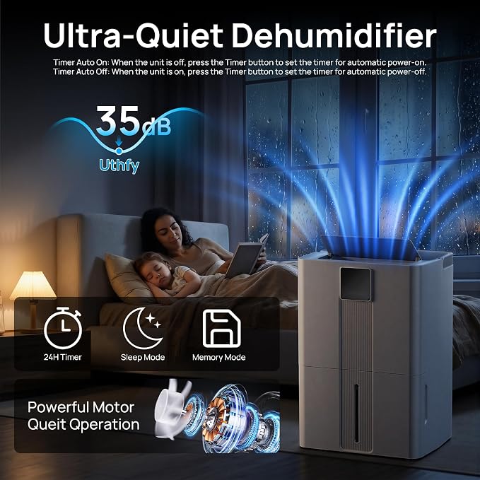 Uthfy 100 Pint Dehumidifier for Home & Basement, 6000sq.ft Dehumidifier with Drain Hose, Detachable Water Tank, Smart Humidity Control, Dual LED Display, Wheels & Handle for Large Room, Off White