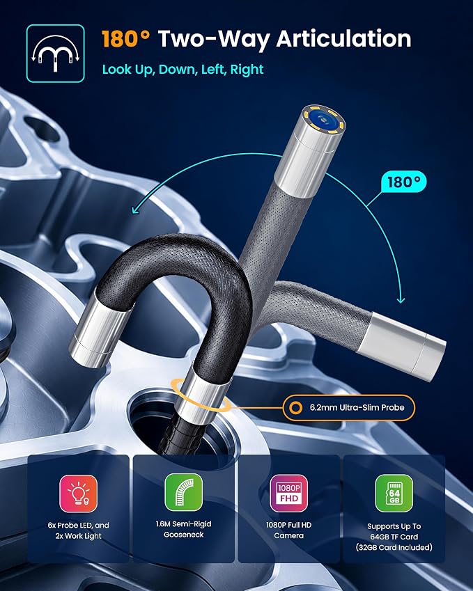 ROVE RS2 Two-Way Articulating Borescope Camera with Light, 1080P Industrial Endoscope Inspection Camera with 180° Articulated Slim 6.2mm Probe, 4.3” IPS Screen, for Wall Automotive, Mechanics, and DIY