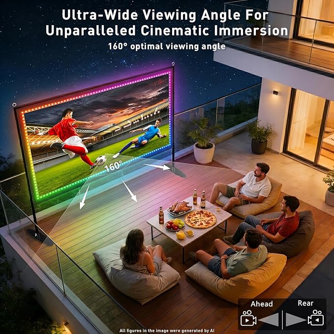 120 inch Outdoor Projection Screen with Stand, Smart RGB+IC String Lights, 4K 16:9 Wrinkle Wind Resistant Movie Screen, Foldable Portable Projector Screen for Backyard Camping Home Theater