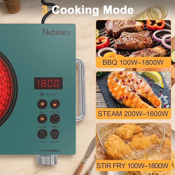 Single Burner Electric Cooktop 1800W, One Burner Electric Stove 110V, Countertop Electrics Burner with Knob & Touch Control, 180Mins Timer, 3 Cooking Mode & Safety Lock, 110V Plug in(Green)