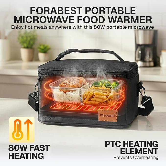 FORABEST Portable Microwave Food Warmer - Electric Lunch Box 80W with Insulated Bag and Utensils - 12V/24V Car/Truck & 110/220V Home/Office Use - Fits up to 10 x 7 x 5 Inches Containers - Black
