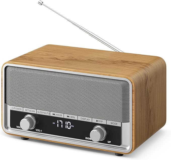 Vintage Wood AM FM Bluetooth Radio Plug in Wall, Digital Radio with Time Display | No Alarm | Sleep Timer |40 Presets, Retro Bluetooth Speaker for Office, Kitchen (Light Walnut)