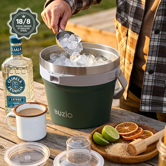 BUZIO 7 L Ice Bucket with Lid and Scoop & Tongs, Vacuum Insulated Stainless Steel Ice Buckets with Handle and Adjustable Shoulder Strap, Large Beverage Bucket for Cocktail Bar Champagne, Green