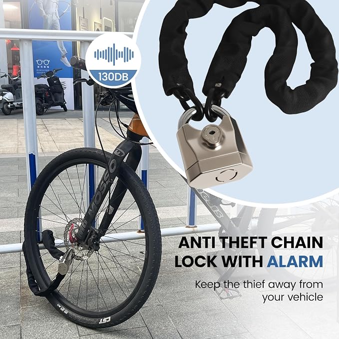 Bike Chain Lock with Alarm 130dB, Heavy Duty Motorcycle Locks Anti Theft 3.3FT, 8mm Hardened Steel Chain with Mini U Lock for Bicycle, Motorcycle, Scooter, Gate